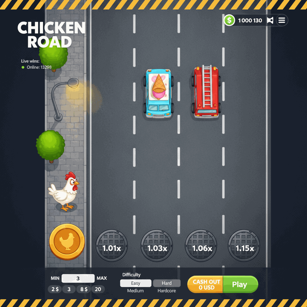 Chicken Road Crash-Spiel Spielbildschirm: weißes Cartoon-Huhn steht auf grauem Bürgersteig neben mehrspuriger Straße mit Fahrbahnmarkierungen, Gullydeckel mit Multiplikatoren, InOut-Logo oben links, Live-Gewinnanzeige und Schwierigkeitsgrade von Easy bis Hardcore