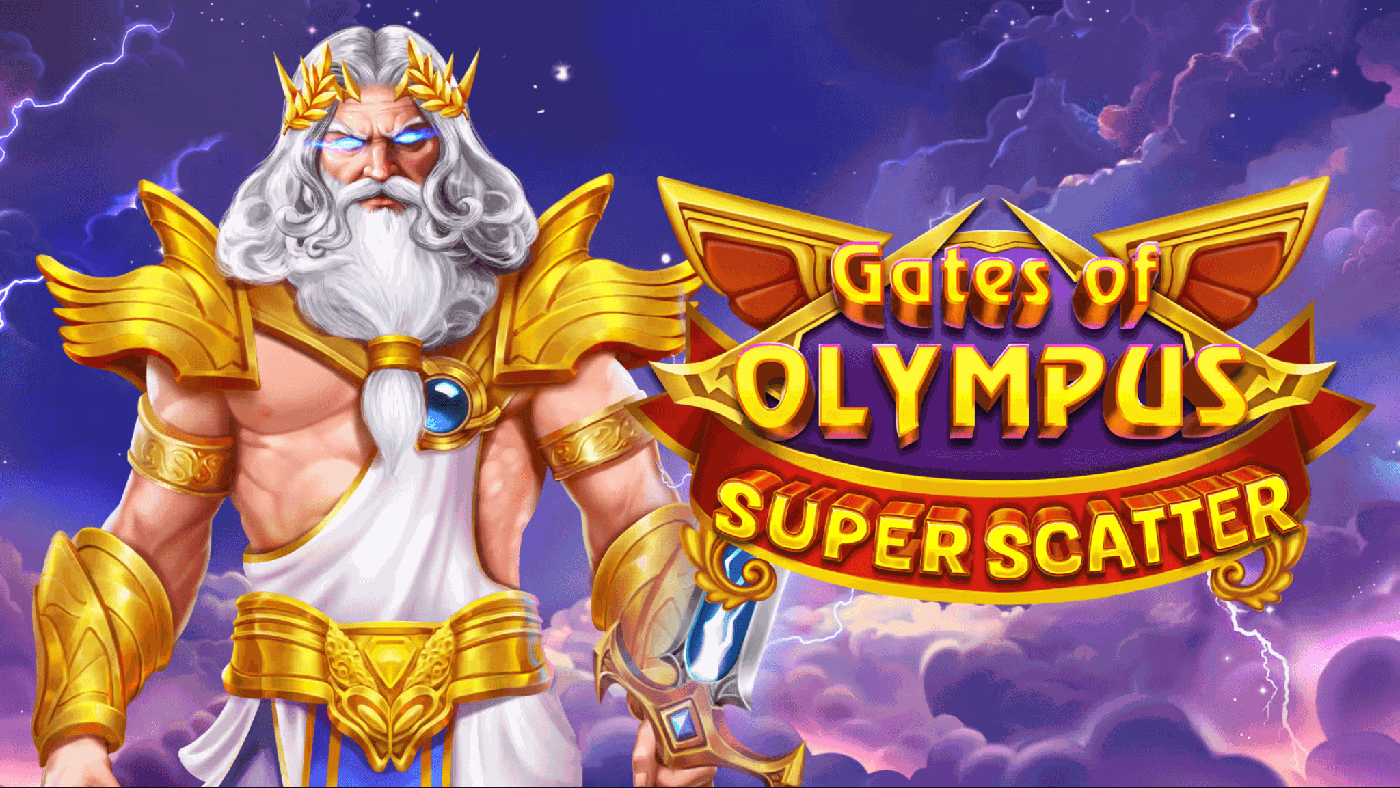Gates of Olympus Super Scatter Slot: Zeus in goldener Rüstung auf Wolken über dem Olymp, umgeben von Edelstein-Symbolen, grünem Erdglobus, blauem Diamant und dem goldenen Scatter-Symbol